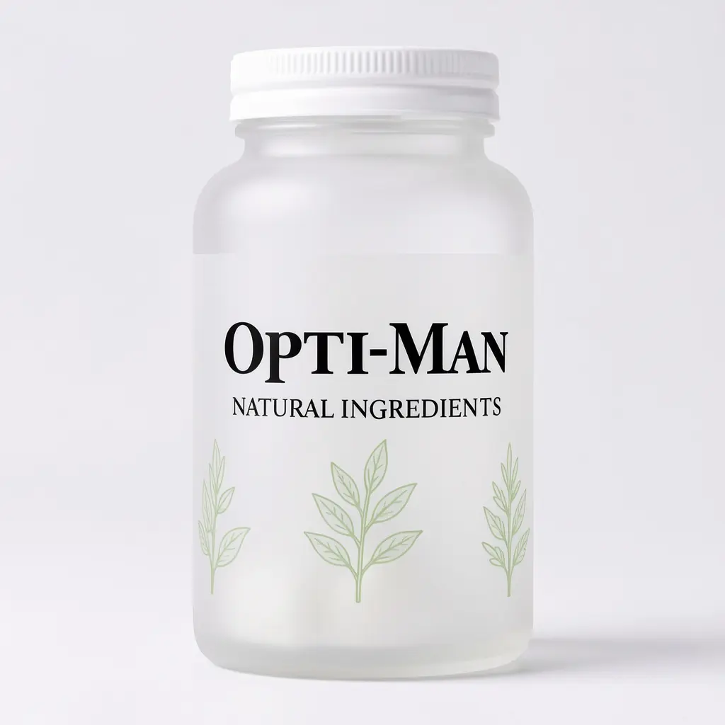 Opti-Man dietary supplement bottle with natural ingredients for men's wellness
